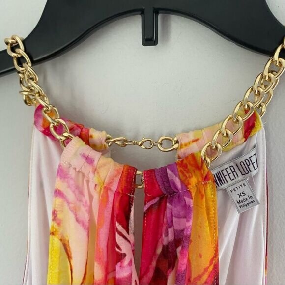 Jennifer Lopez Halter Neck Chain Neck Floral Colorful Sleeveless Summer Dress - Picture 3 of 6